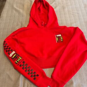 Vans Off The Wall Red Cropped Hoodie Sweatshirt Checkerboard Sleeve